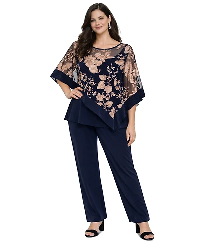 R & M Richards Women's Floral Crewneck Poncho and Pants, 2-Piece Set