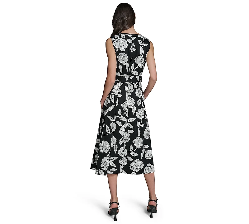 Karl Lagerfeld Paris Women's Floral Border Print Crew Neck Midi Dress