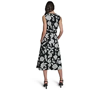 Karl Lagerfeld Paris Women's Floral Border Print Crew Neck Midi Dress