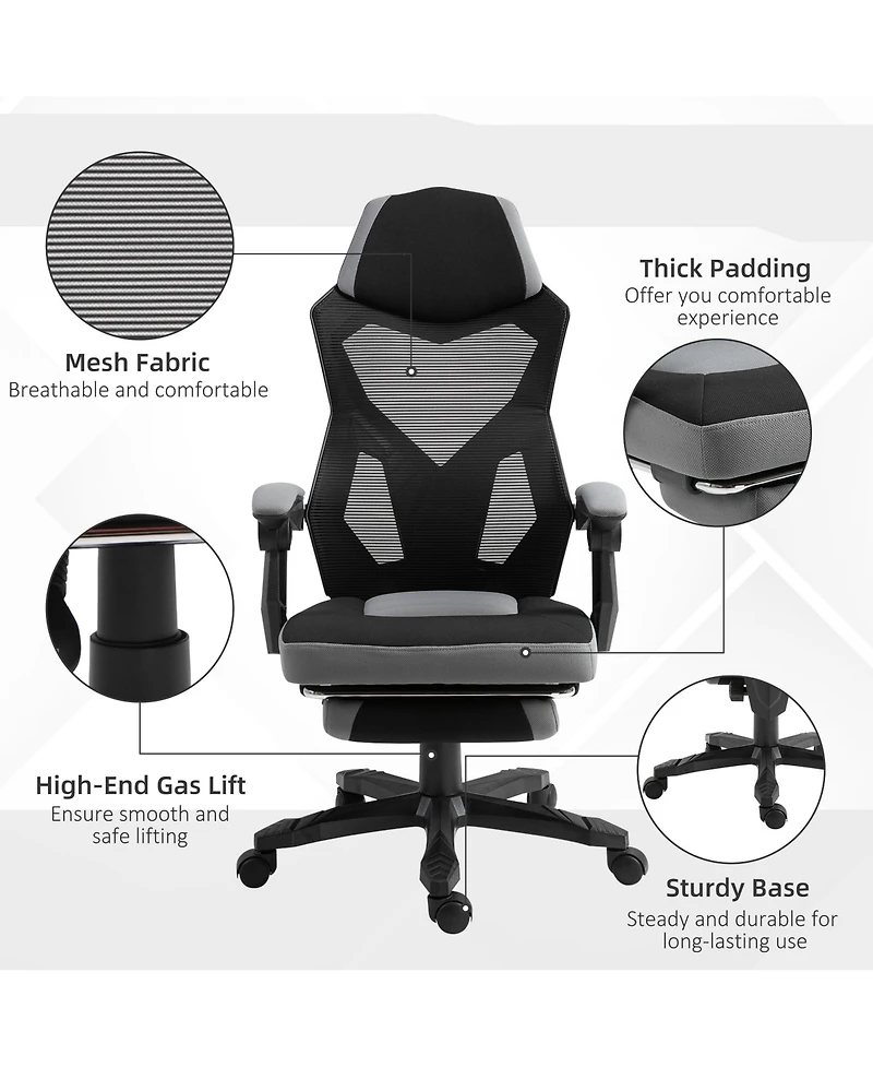 Vinsetto Office Chair Adjust Height Recliner with Footrest, Wheel, Mesh Back