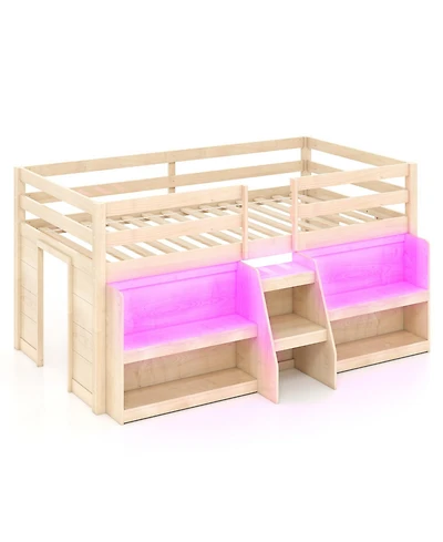Slickblue Loft Bed Frame with Led Lights, Staircase Ladder and Safety Guardrails, Space Saver