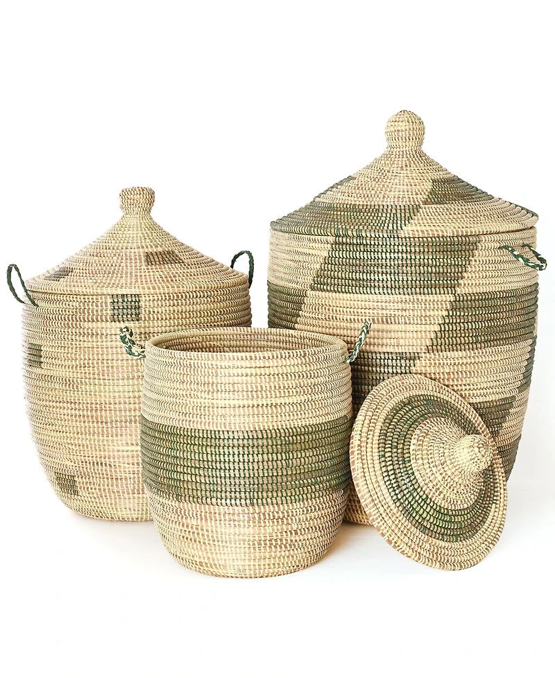African Modern, Set of Three Green and Cream Mixed Pattern Hampers
