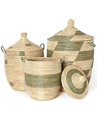 African Modern, Set of Three Green and Cream Mixed Pattern Hampers