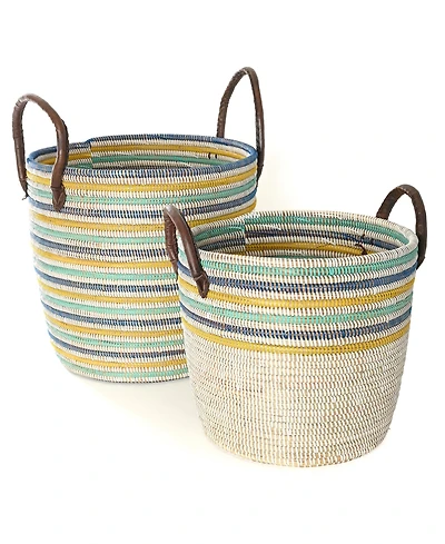 African Modern, Malika Beach Nesting Baskets with Leather Handles, Set of 2