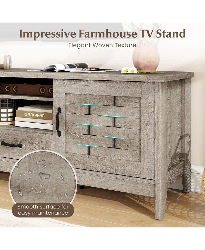Sugift Farmhouse Tv Stand for 65 Inch TVs with 2 Woven Accent Doors and 3 Adjustable Shelves-Oak