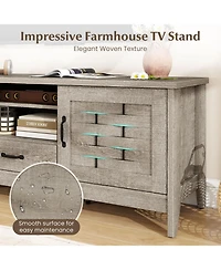 Sugift Farmhouse Tv Stand for 65 Inch TVs with 2 Woven Accent Doors and 3 Adjustable Shelves-Oak