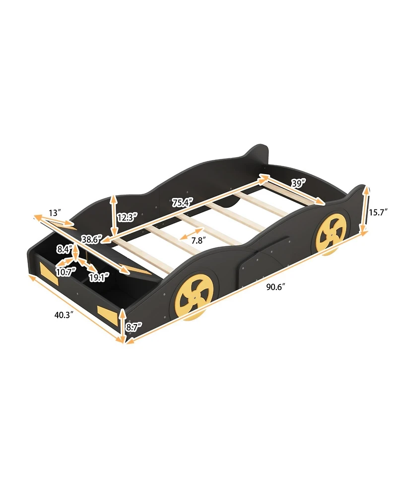 Rainsken Race Car Shaped Platform Bed, with Wheels and Storage, Wood Bed Frame, No Box Spring Needed