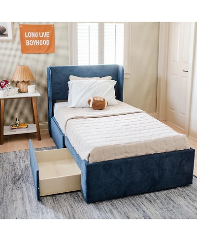 Max & Lily Upholstered Bed with Rectangular Headboard Drawer Side Storage