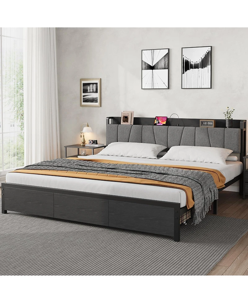 gaomon Industrial Bed Frame with Storage Headboard, Charging Station and 2 Drawers