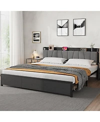gaomon Industrial Bed Frame with Storage Headboard, Charging Station and 2 Drawers