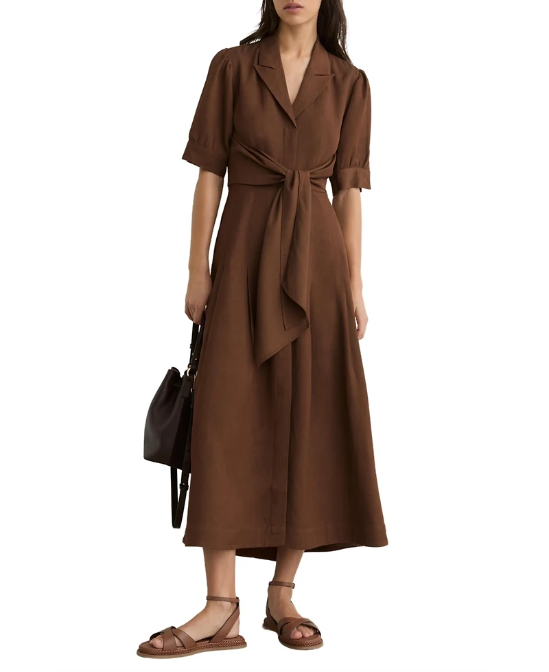 Reiss Women's Short-Sleeve Belted Linen with Midi Dress