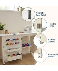 gaomon Folding Sewing Table, Sewing Machine Table with Wheels, Storage Shelves, Trays, Wooden Pegs, Magnetic Door Catch
