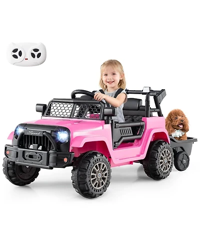 Mecale Kids Ride On Utv Car with Detachable Trailer 12V Battery Powered Ride On Truck-Pink