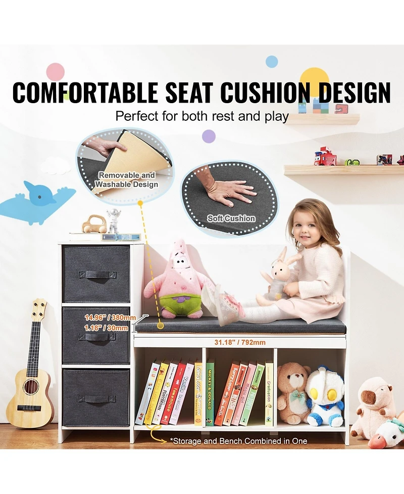Gouun Kids Reading Nook Bench with Bookshelf 6 Cubbies 3 Drawers and Seat Cushion