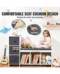 Gouun Kids Reading Nook Bench with Bookshelf 6 Cubbies 3 Drawers and Seat Cushion