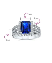 Bling Jewelry Art Deco Style 3CT Cz Emerald Cut Halo Promise Ring Wide Band .925 Sterling Silver