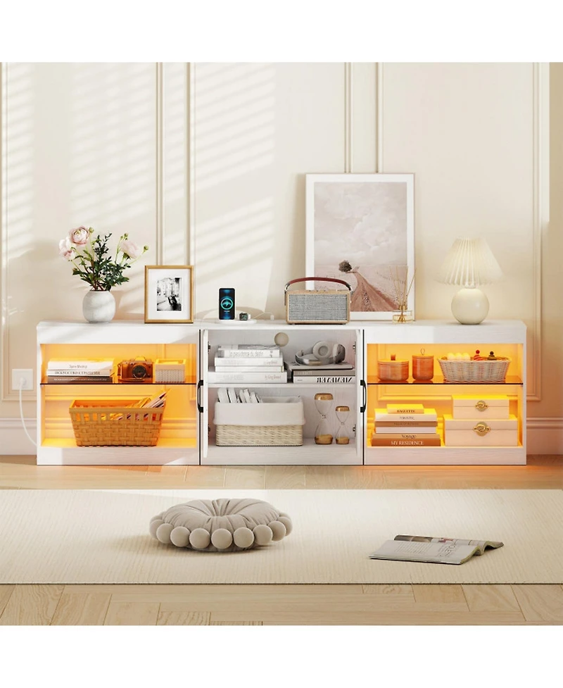 Gouun 77 in Led Tv Stand with Power Outlets and Tempered Glass Shelves