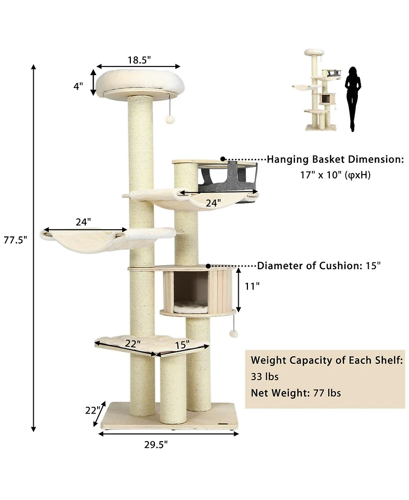 Cozito Cat Tree 77.5 in Multi-Level Tower with Condo Sisal Posts