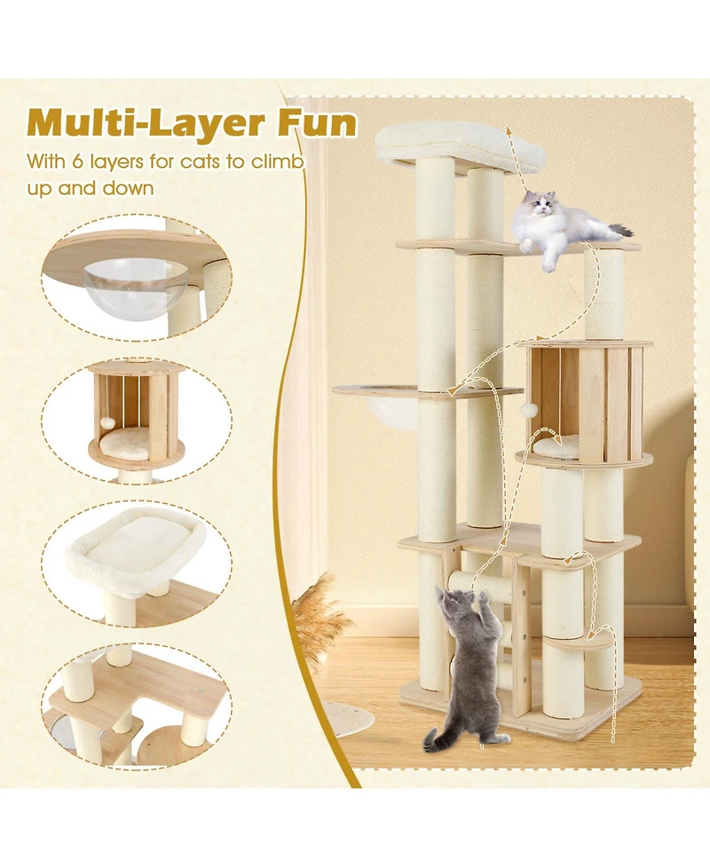 Cozito Cat Tree 71 inch Wooden with Perch Condo Space Capsule