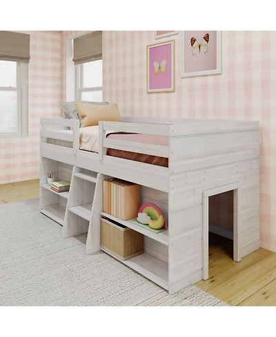 Max & Lily Solid Wood Modern Farmhouse Low Loft Bed, Bed Frame for Kids with 2 Bookcases
