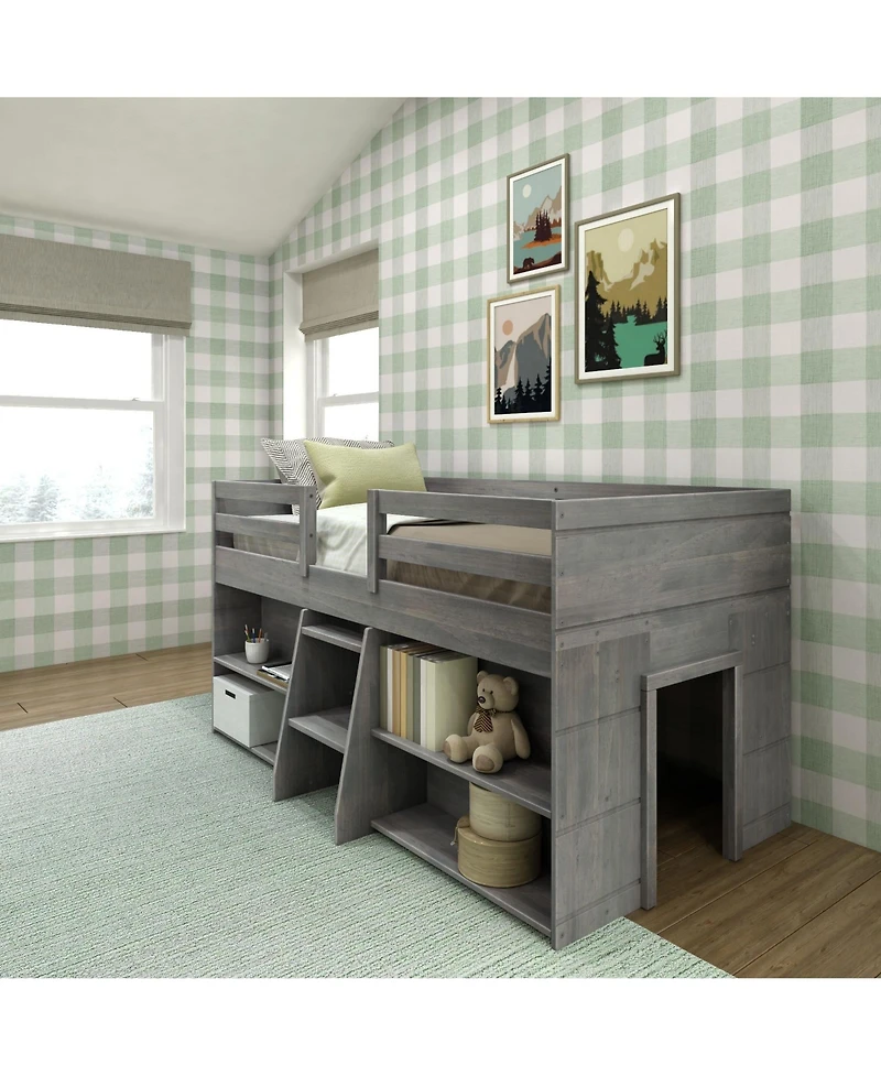 Max & Lily Solid Wood Modern Farmhouse Low Loft Bed, Bed Frame for Kids with 2 Bookcases