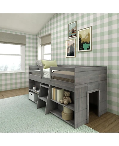 Max & Lily Solid Wood Modern Farmhouse Low Loft Bed, Bed Frame for Kids with 2 Bookcases