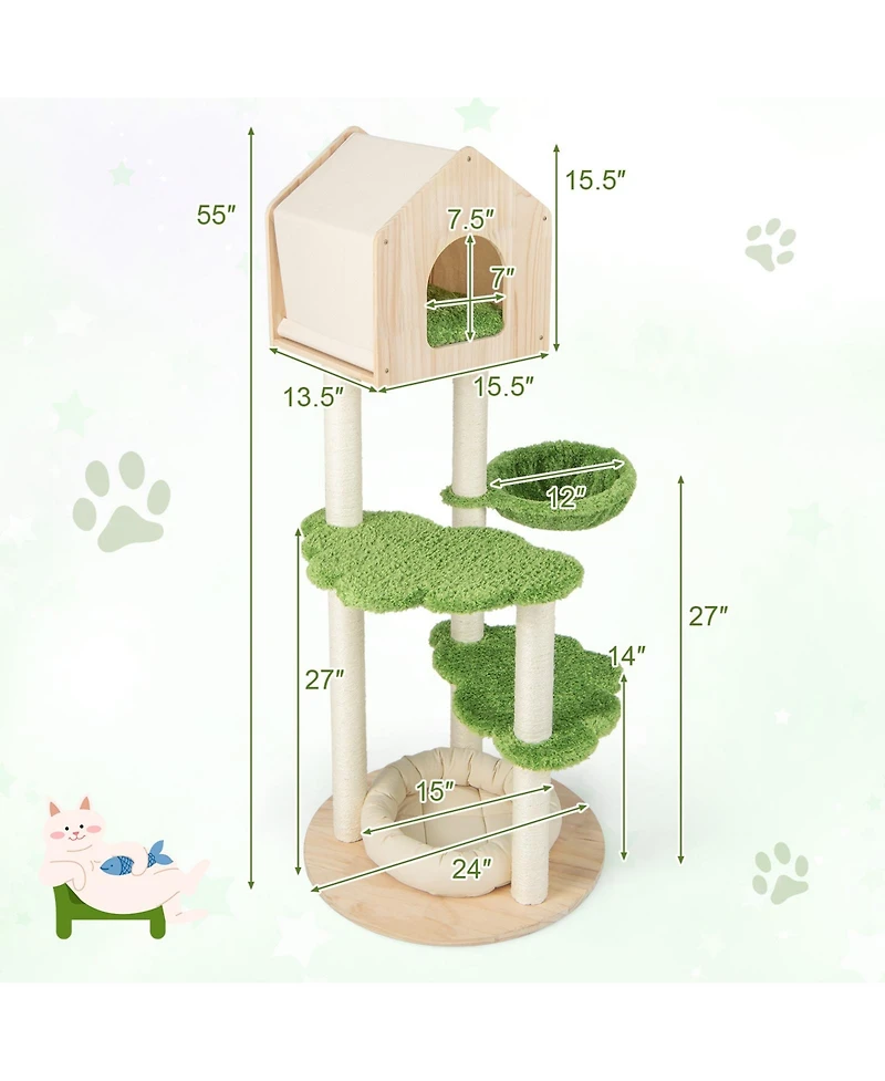 Cozito Cat Tree 55 inch Climbing Stand with Sisal Posts and Cat Bed