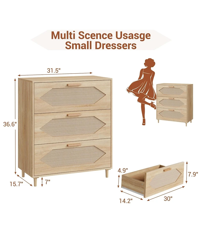 gaomon 3 Drawer Rattan Dresser for Bedroom, Modern Wood Chest of Drawers with Rattan Accents