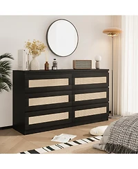 gaomon 6 Drawer Rattan Dresser for Bedroom, Double Wood Chest of Drawers Tv Stand