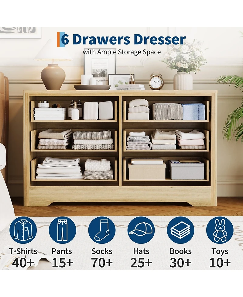 gaomon 47.2" Wide 6 Drawer Wood Dresser with Crystal Knobs, Bedroom Storage Chest Tv Stand Organizer
