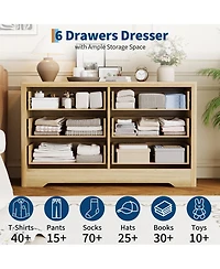 gaomon 47.2" Wide 6 Drawer Wood Dresser with Crystal Knobs, Bedroom Storage Chest Tv Stand Organizer