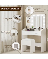 Homfan Modern Vanity Desk with Mirror, Led Lights, Power Outlet, Usb Ports, 2 Drawers, 3 Lighting Modes, Stool, Hairdryer Holder, Bedroom Makeup Table