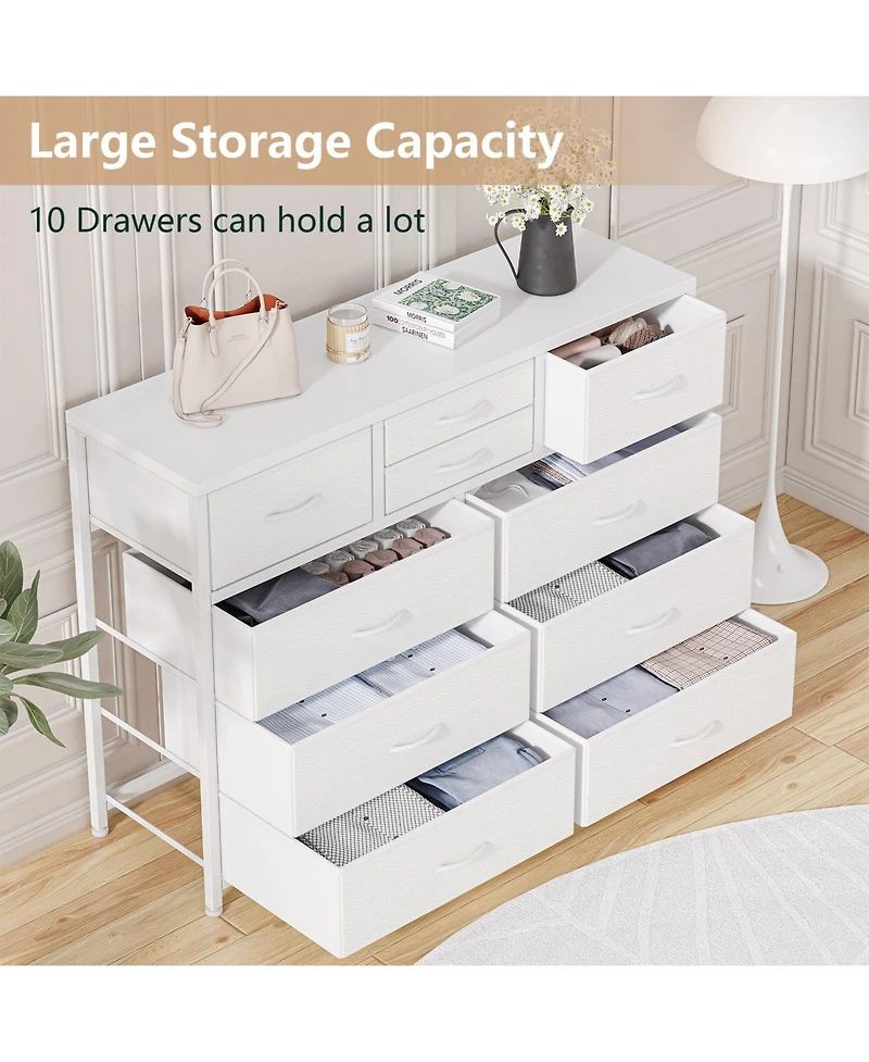 gaomon Wide 10 Drawer Fabric Dresser Tv Stand, Steel Frame Storage Chest with Wood Top