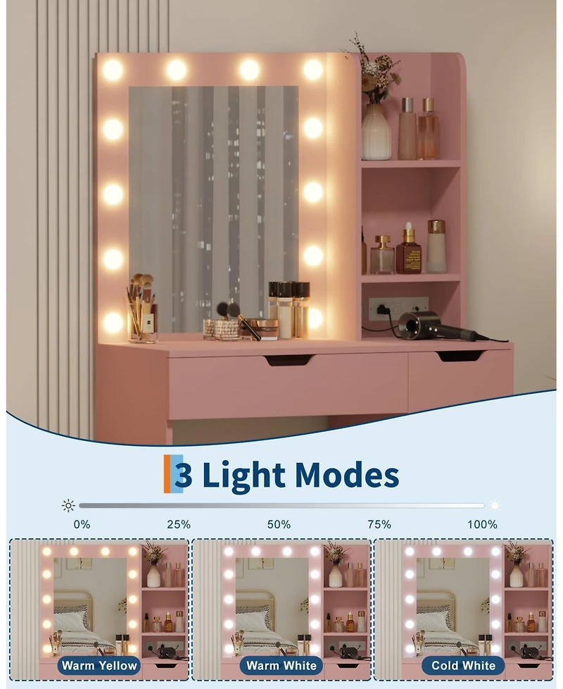 Homfan Vanity Desk with Mirror and Lights, 4 Drawers, Built-in Power Outlet Usb, Adjustable Led Lighting, Makeup Table for Bedroom