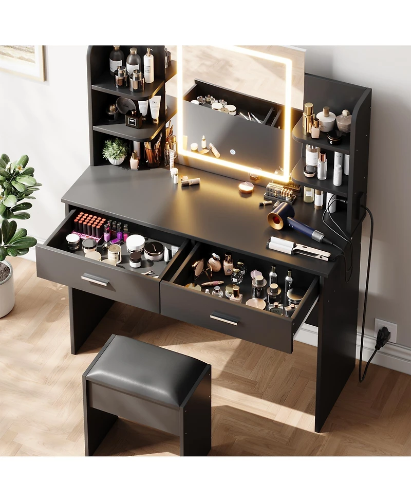 Homfan Makeup Vanity Desk with Mirror and Led Lights, 6 Storage Shelves, 2 Drawers, Cushioned Stool, Built-in Power Outlet, Dressing Room Table Set