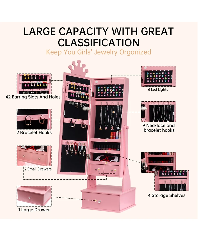 homfan Freestanding Jewelry Armoire Cabinet - Full-Length Mirror with Led Light Vanity Storage Organizer 3 Drawers Girls' Dress Up Gift