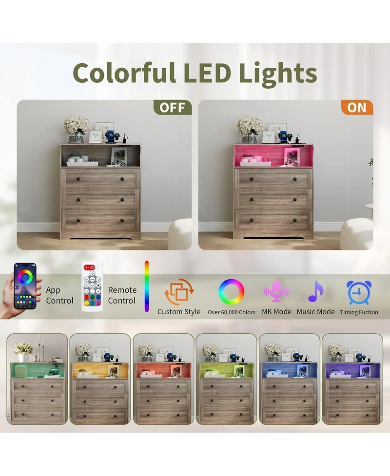 gaomon 3 Drawer Tall Dresser with Led Lights and Charging Station, Wood Storage Cabinet Nightstand