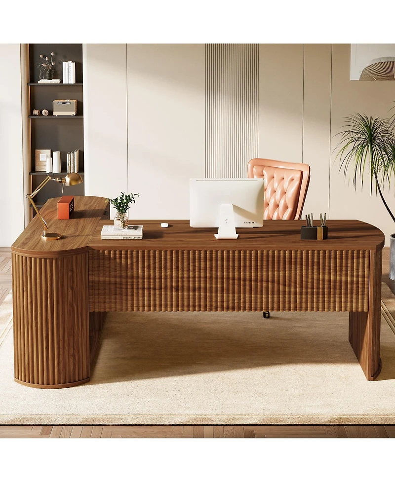 Tribesigns 1 Piece Fluted Engineered Wood L Shaped Executive Desk with Filing Cabinet, Storage Shelves and Privacy Panel