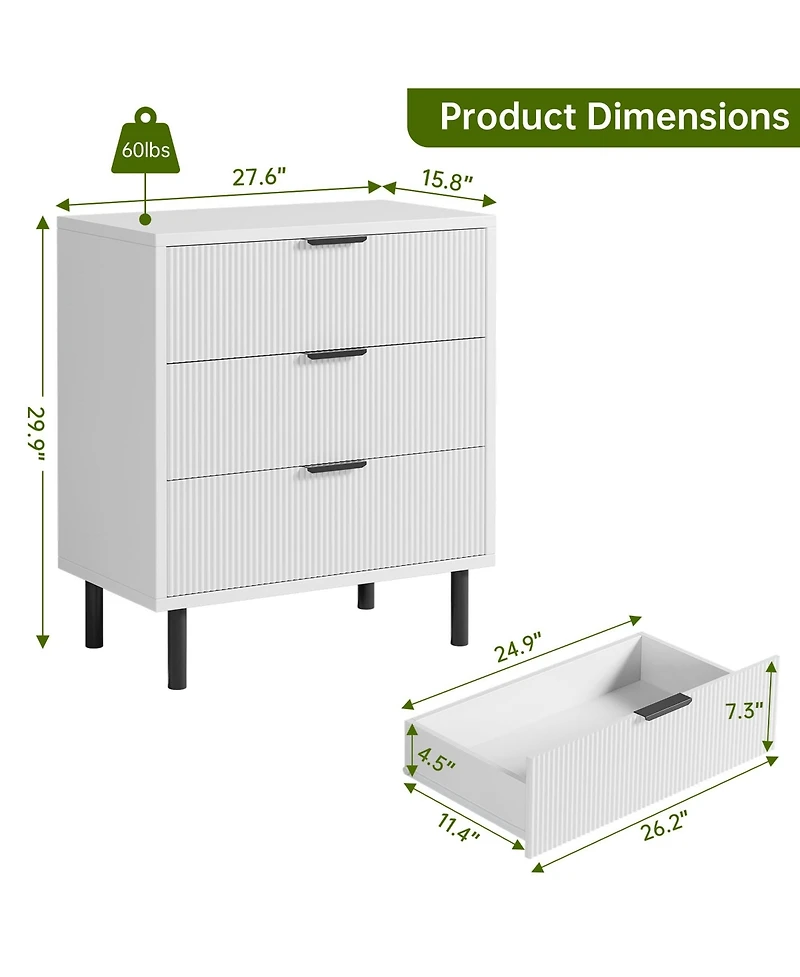 gaomon 3 Drawer Fluted Dresser for Bedroom, Modern Wide Chest of Drawers with Metal Legs