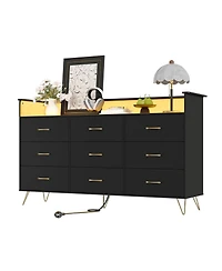 gaomon 9 Drawer Wood Dresser with Led Lights and Charging Station, App Controlled Storage Cabinet
