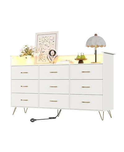 gaomon 9 Drawer Wood Dresser with Led Lights and Charging Station, App Controlled Storage Cabinet