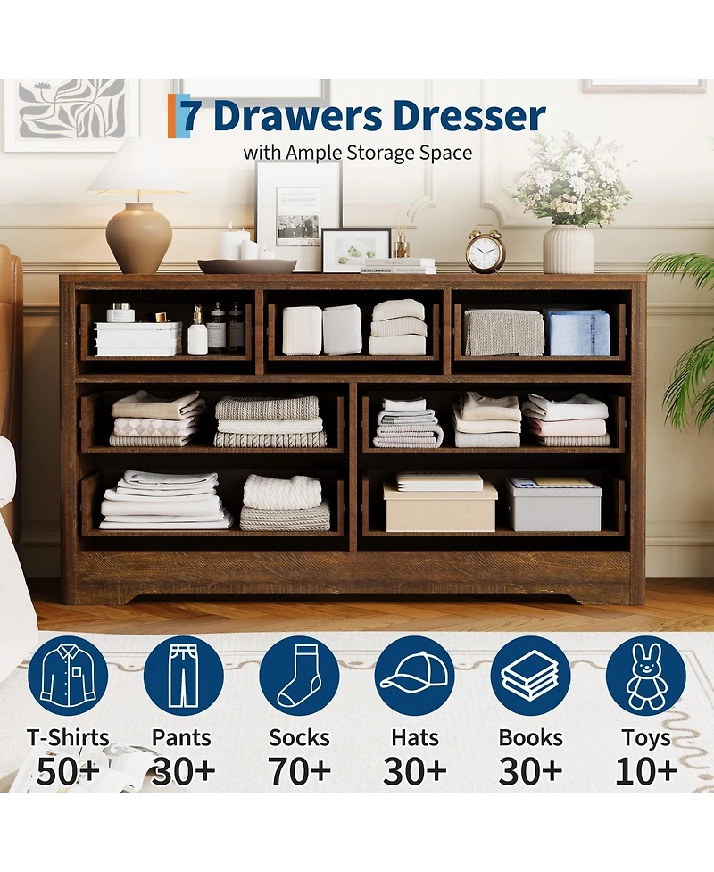 gaomon 54" Wide 7 Drawer Wood Dresser with Decorative Fronts and Crystal Knobs, Storage Tv Stand Organizer