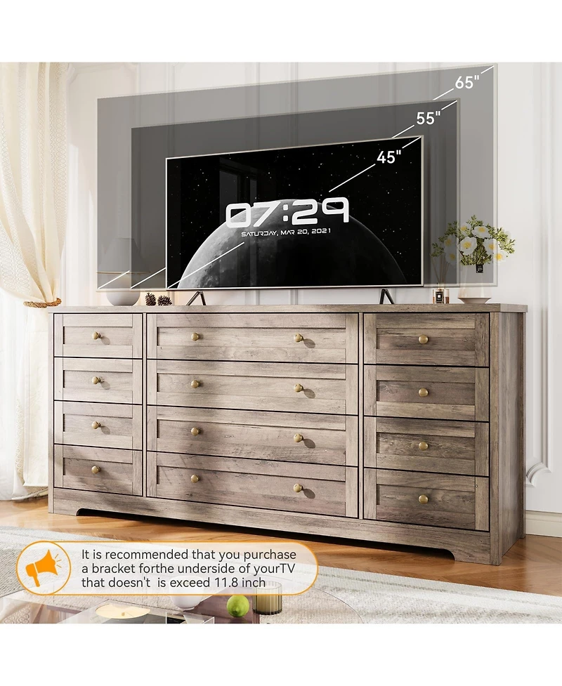 gaomon 12 Drawer Wood Dresser with Wide Top for 65" Tv, Modern Farmhouse Storage Cabinet for Bedroom