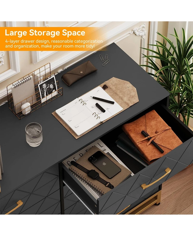 gaomon 8 Drawer Wooden Dresser for Bedroom and Closet, Modern Storage Chest with Gold Handles