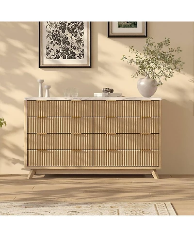 gaomon 54" Fluted 8 Drawer Dresser with Curved Design and Metal Handles, Wood Storage Chest