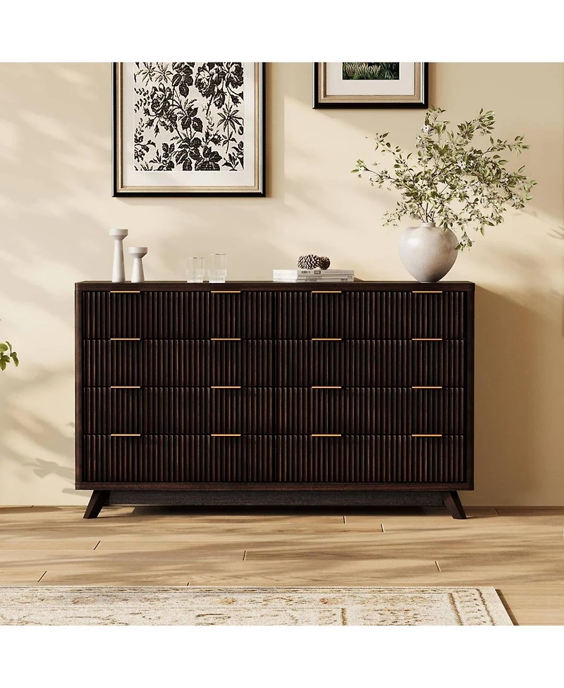 gaomon 54" Fluted 8 Drawer Dresser with Curved Design and Metal Handles, Wood Storage Chest