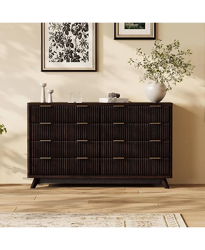 gaomon 54" Fluted 8 Drawer Dresser with Curved Design and Metal Handles, Wood Storage Chest