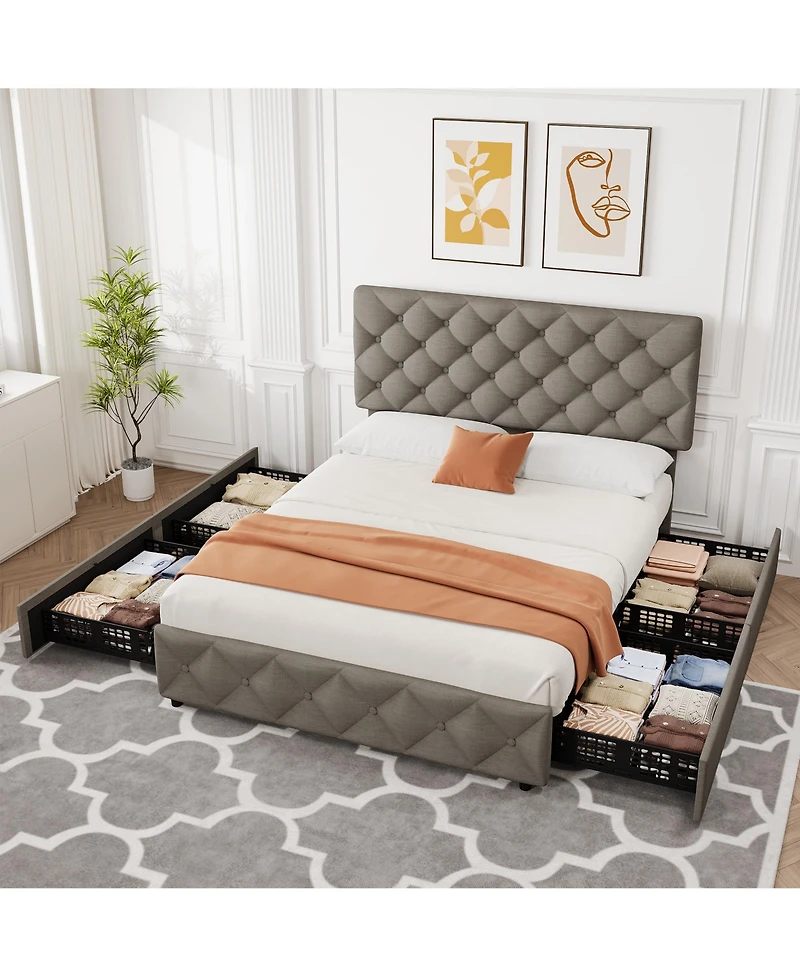 homfan Upholstered Platform Bed Frame with 4 Storage Drawers and Adjustable Diamond-Tufted Headboard, No Box Spring Needed