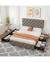 homfan Upholstered Platform Bed Frame with 4 Storage Drawers and Adjustable Diamond-Tufted Headboard, No Box Spring Needed