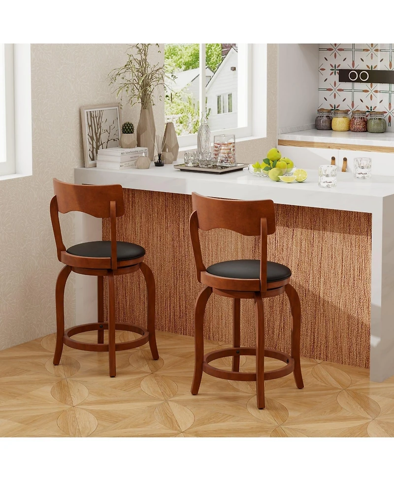 Slickblue Swivel Bar Stools Set of 2 Rubber Wood Frame Upholstered Seat Chairs